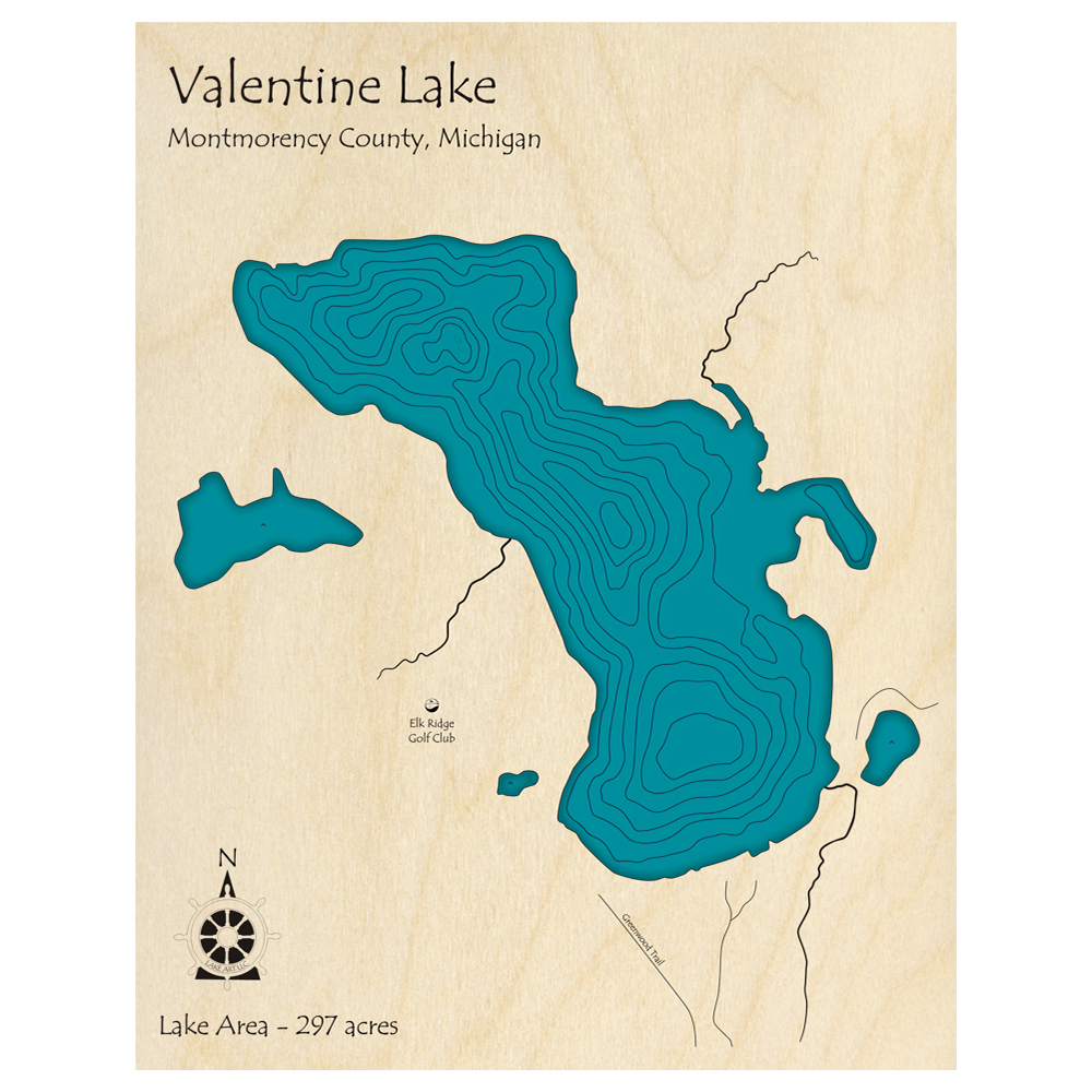 Bathymetric topo map of Valentine Lake, MI with roads, towns and depths noted in blue water.