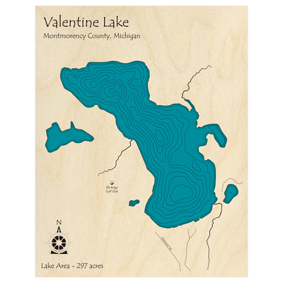 Bathymetric topo map of Valentine Lake, MI with roads, towns and depths noted in blue water.