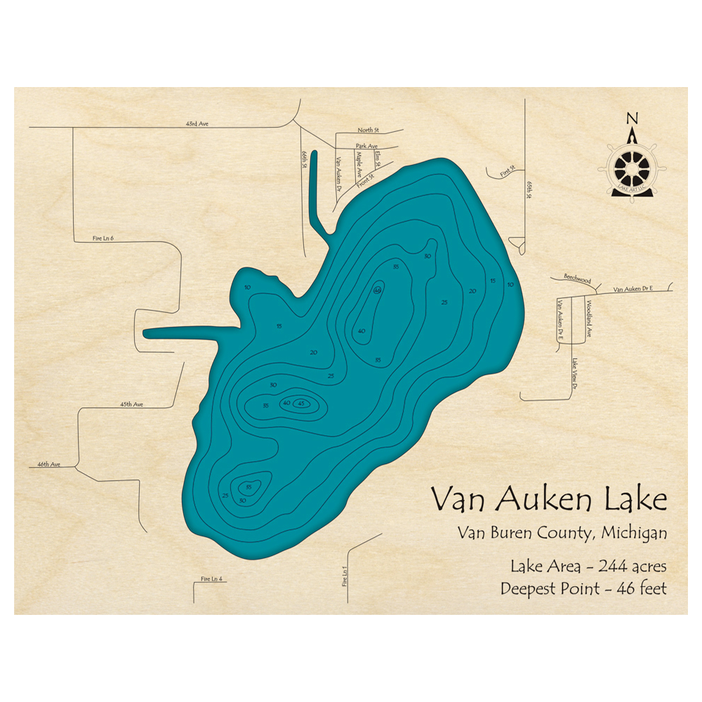 Bathymetric topo map of Van Auken Lake, MI with roads, towns and depths noted in blue water.