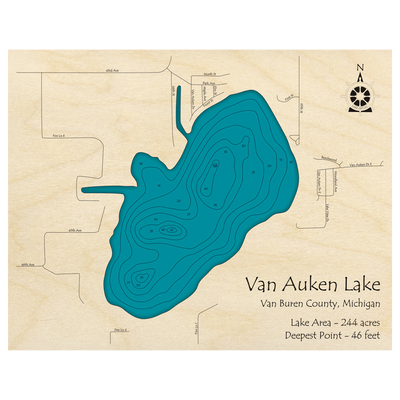 Bathymetric topo map of Van Auken Lake, MI with roads, towns and depths noted in blue water.