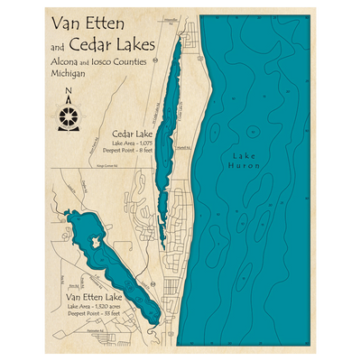 Bathymetric topo map of Van Etten and Cedar Lakes, MI with roads, towns and depths noted in blue water.