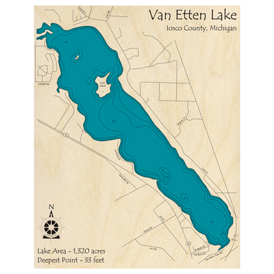 Bathymetric topo map of Van Etten Lake, MI with roads, towns and depths noted in blue water.