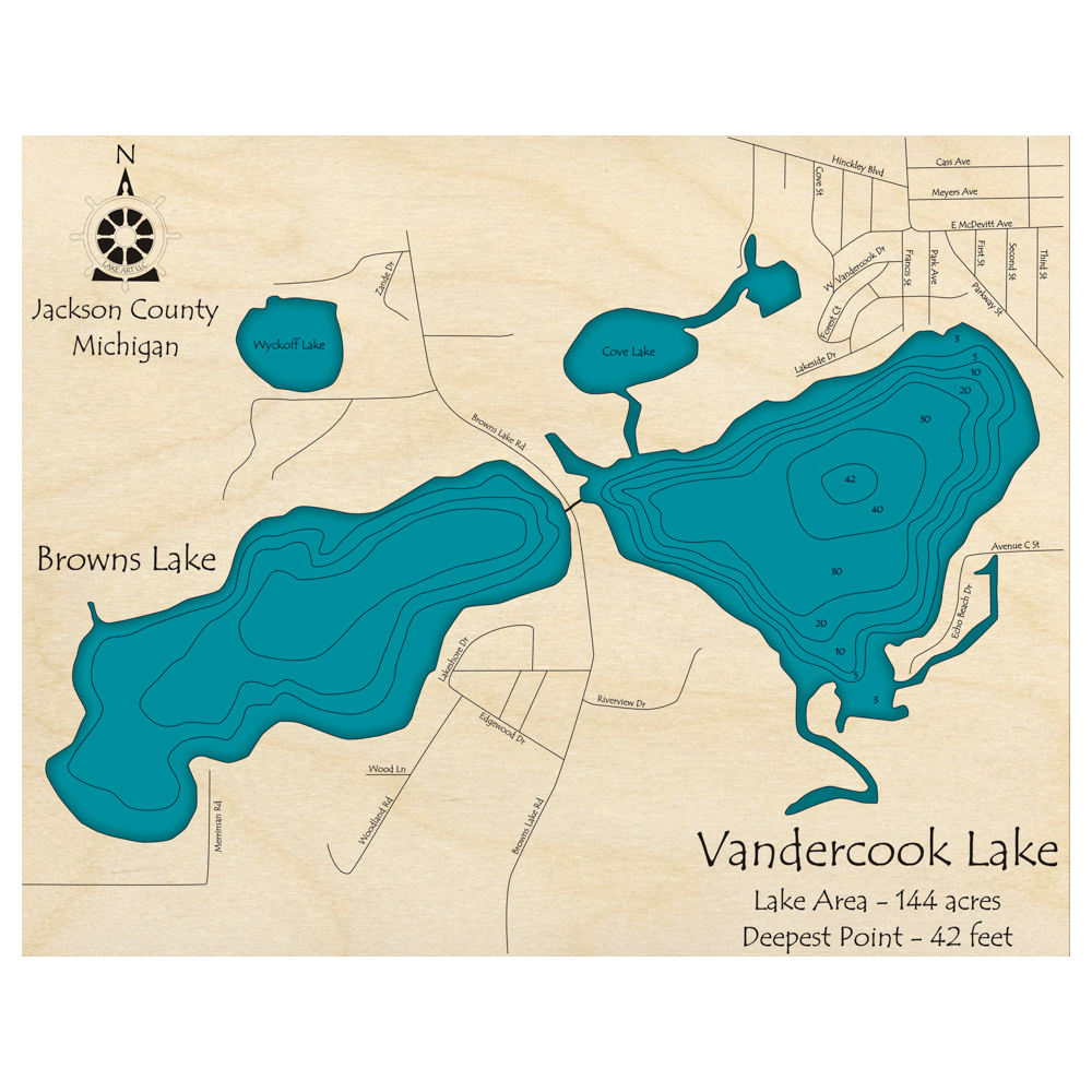 Bathymetric topo map of Vandercook Lake, MI with roads, towns and depths noted in blue water.