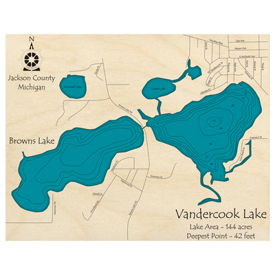 Bathymetric topo map of Vandercook Lake, MI with roads, towns and depths noted in blue water.