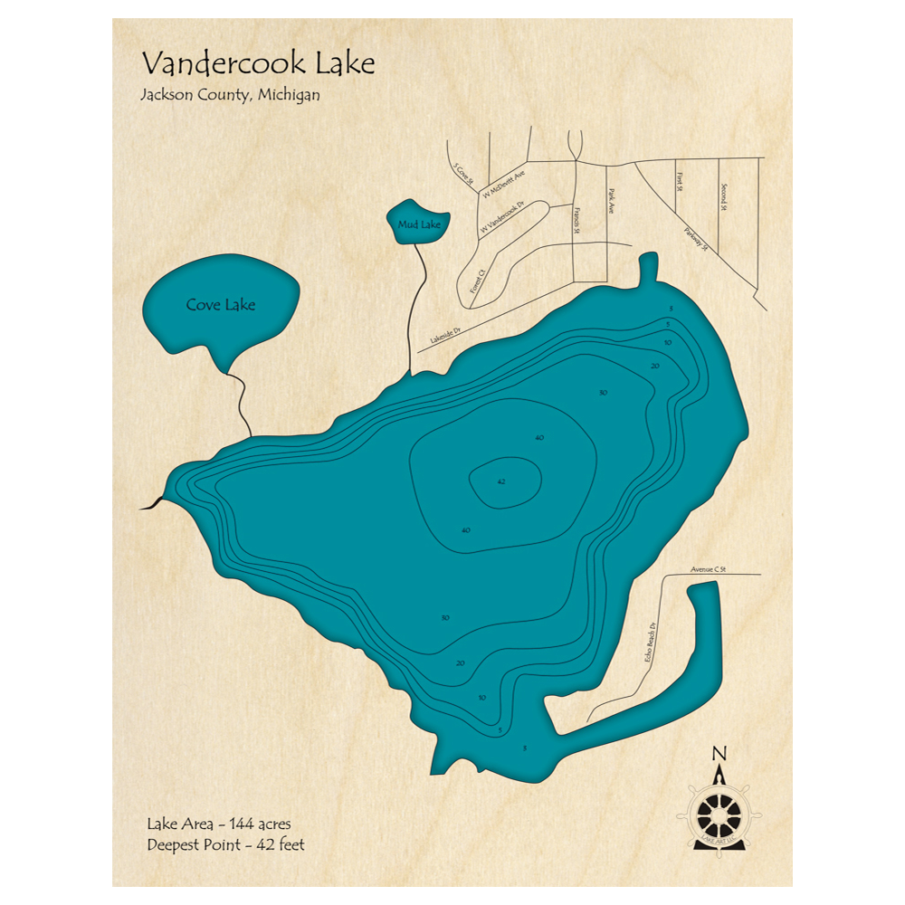 Bathymetric topo map of Vandercook Lake, MI with roads, towns and depths noted in blue water.