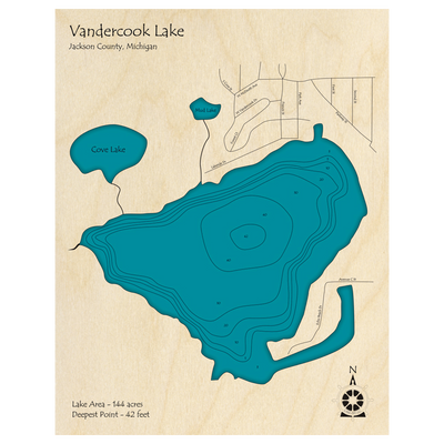 Bathymetric topo map of Vandercook Lake, MI with roads, towns and depths noted in blue water.