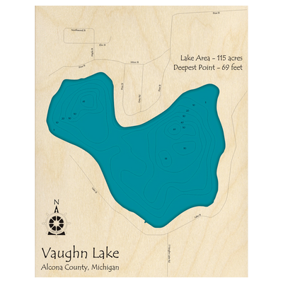 Bathymetric topo map of Vaughn Lake, MI with roads, towns and depths noted in blue water.