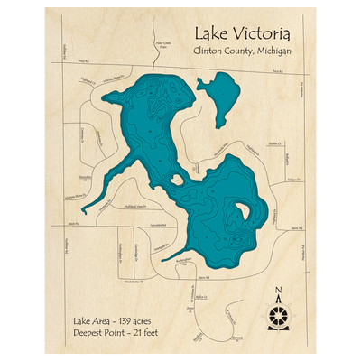 Bathymetric topo map of Lake Victoria, MI with roads, towns and depths noted in blue water.