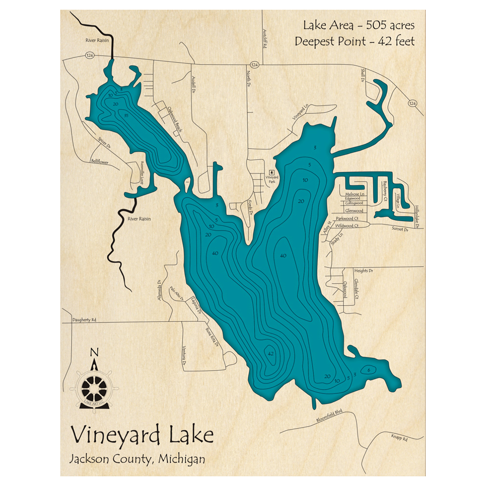Bathymetric topo map of Vineyard Lake, MI with roads, towns and depths noted in blue water.