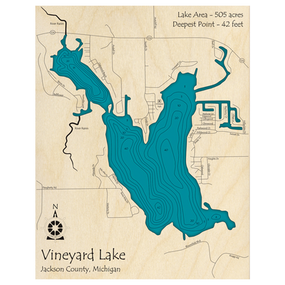 Bathymetric topo map of Vineyard Lake, MI with roads, towns and depths noted in blue water.
