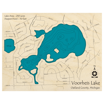 Bathymetric topo map of Voorheis Lake, MI with roads, towns and depths noted in blue water.