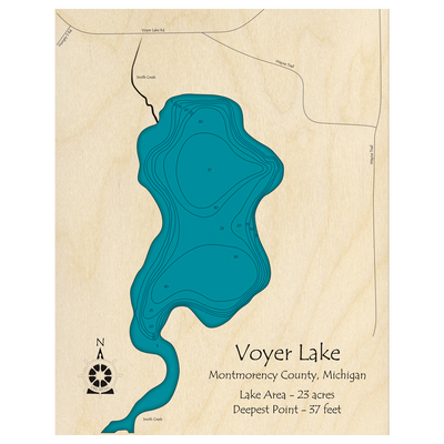 Bathymetric topo map of Voyer Lake, MI with roads, towns and depths noted in blue water.