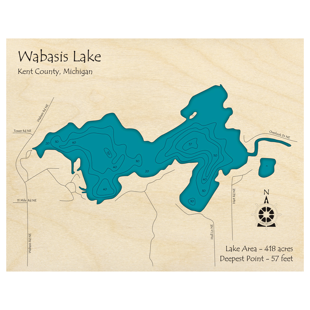 Bathymetric topo map of Wabasis Lake, MI with roads, towns and depths noted in blue water.