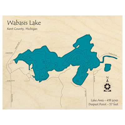 Bathymetric topo map of Wabasis Lake, MI with roads, towns and depths noted in blue water.