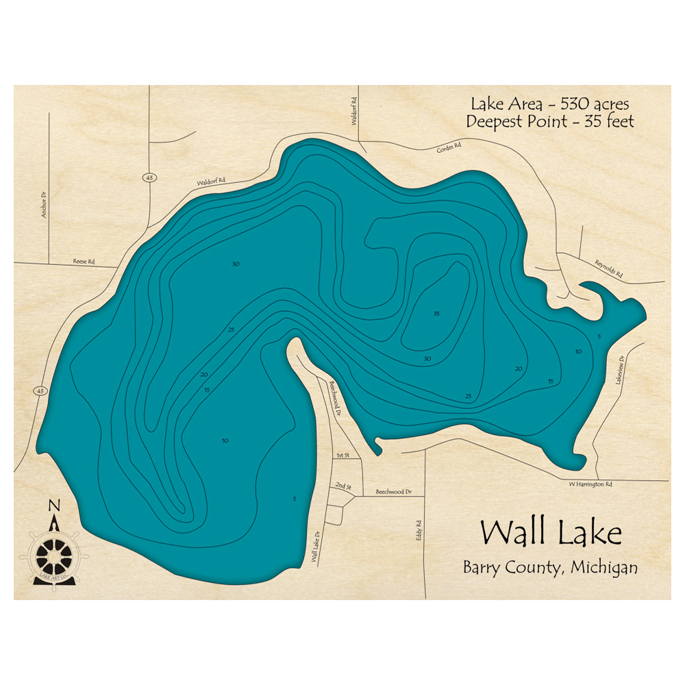 Bathymetric topo map of Wall Lake, MI with roads, towns and depths noted in blue water.