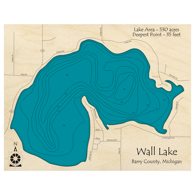 Bathymetric topo map of Wall Lake, MI with roads, towns and depths noted in blue water.