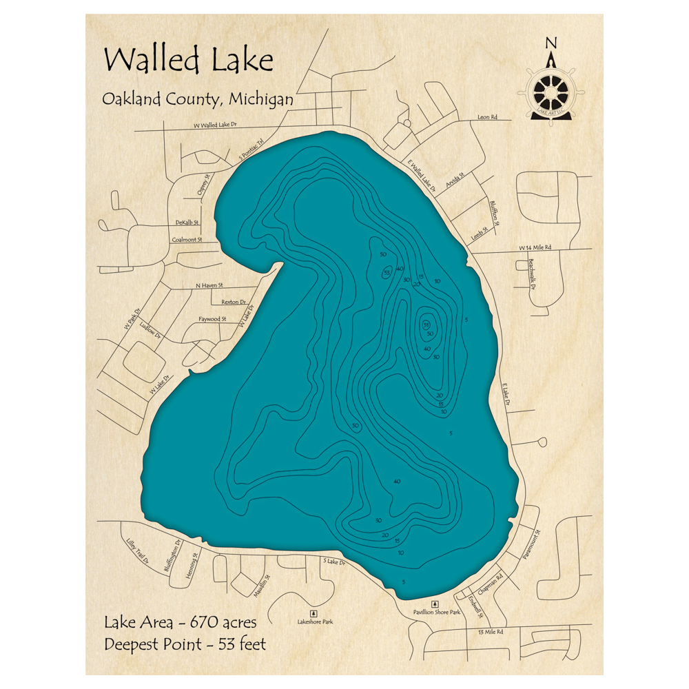 Bathymetric topo map of Walled Lake, MI with roads, towns and depths noted in blue water.