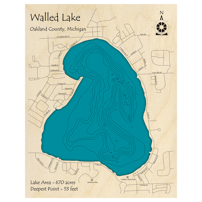 Bathymetric topo map of Walled Lake, MI with roads, towns and depths noted in blue water.
