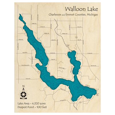Bathymetric topo map of Walloon Lake, MI with roads, towns and depths noted in blue water.