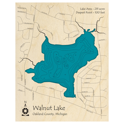 Bathymetric topo map of Walnut Lake, MI with roads, towns and depths noted in blue water.