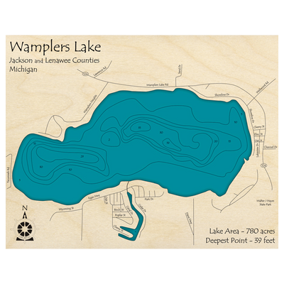 Bathymetric topo map of Wamplers Lake, MI with roads, towns and depths noted in blue water.
