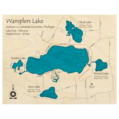 Bathymetric topo map of Wamplers Lake, MI with roads, towns and depths noted in blue water.