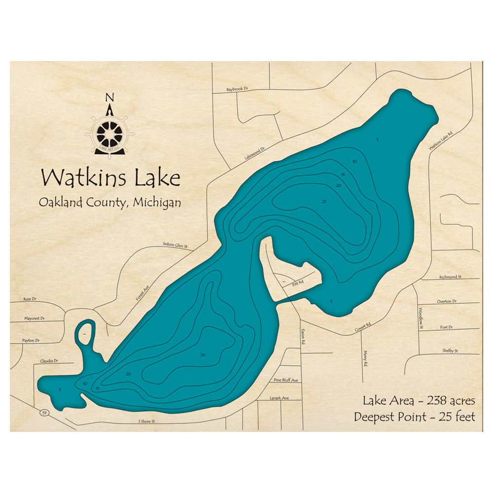 Bathymetric topo map of Watkins Lake, MI with roads, towns and depths noted in blue water.