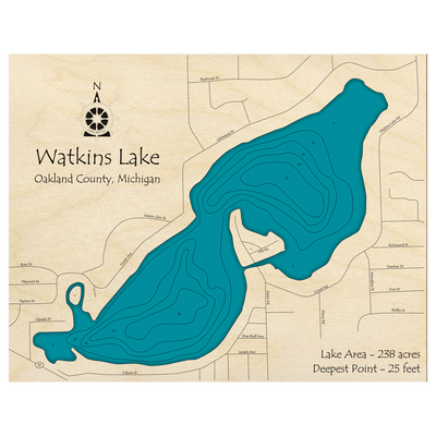 Bathymetric topo map of Watkins Lake, MI with roads, towns and depths noted in blue water.