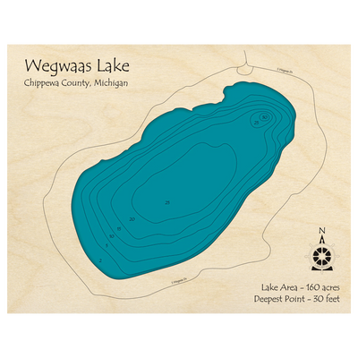 Bathymetric topo map of Wegwaas Lake, MI with roads, towns and depths noted in blue water.