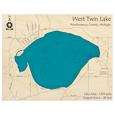 Bathymetric topo map of West Twin Lake, MI with roads, towns and depths noted in blue water.