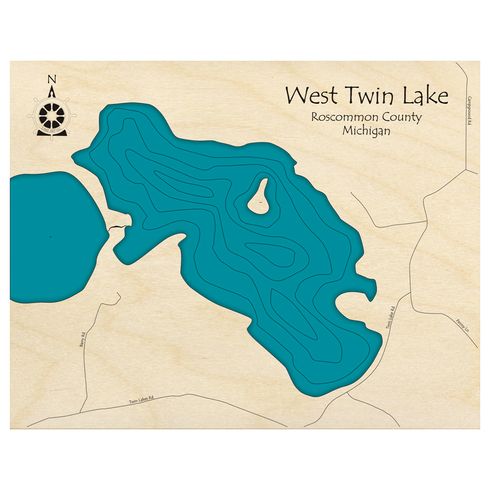 Bathymetric topo map of West Twin Lake, MI with roads, towns and depths noted in blue water.
