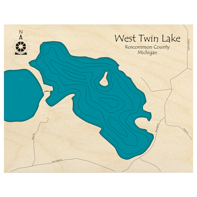 Bathymetric topo map of West Twin Lake, MI with roads, towns and depths noted in blue water.