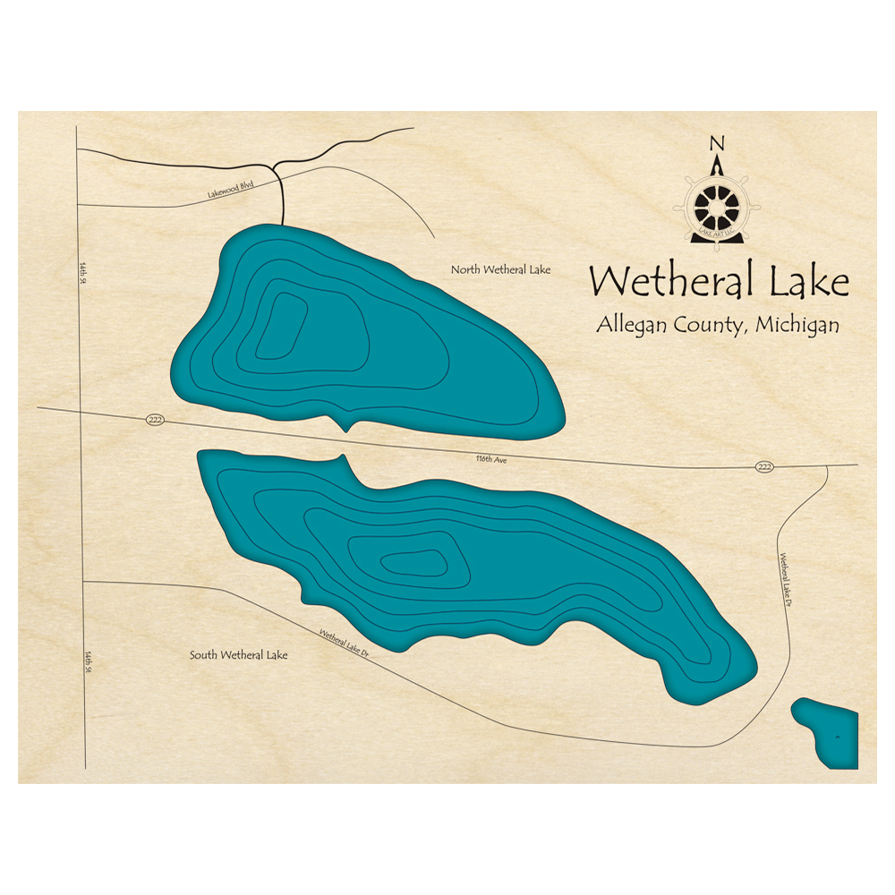 Bathymetric topo map of Wetheral Lake, MI with roads, towns and depths noted in blue water.