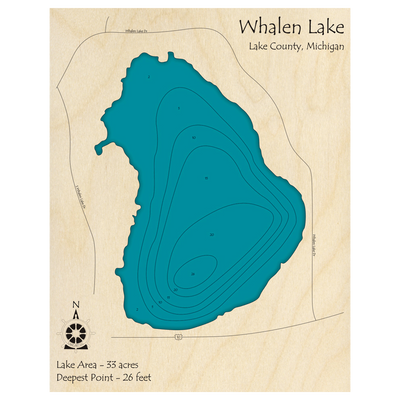 Bathymetric topo map of Whalen Lake, MI with roads, towns and depths noted in blue water.