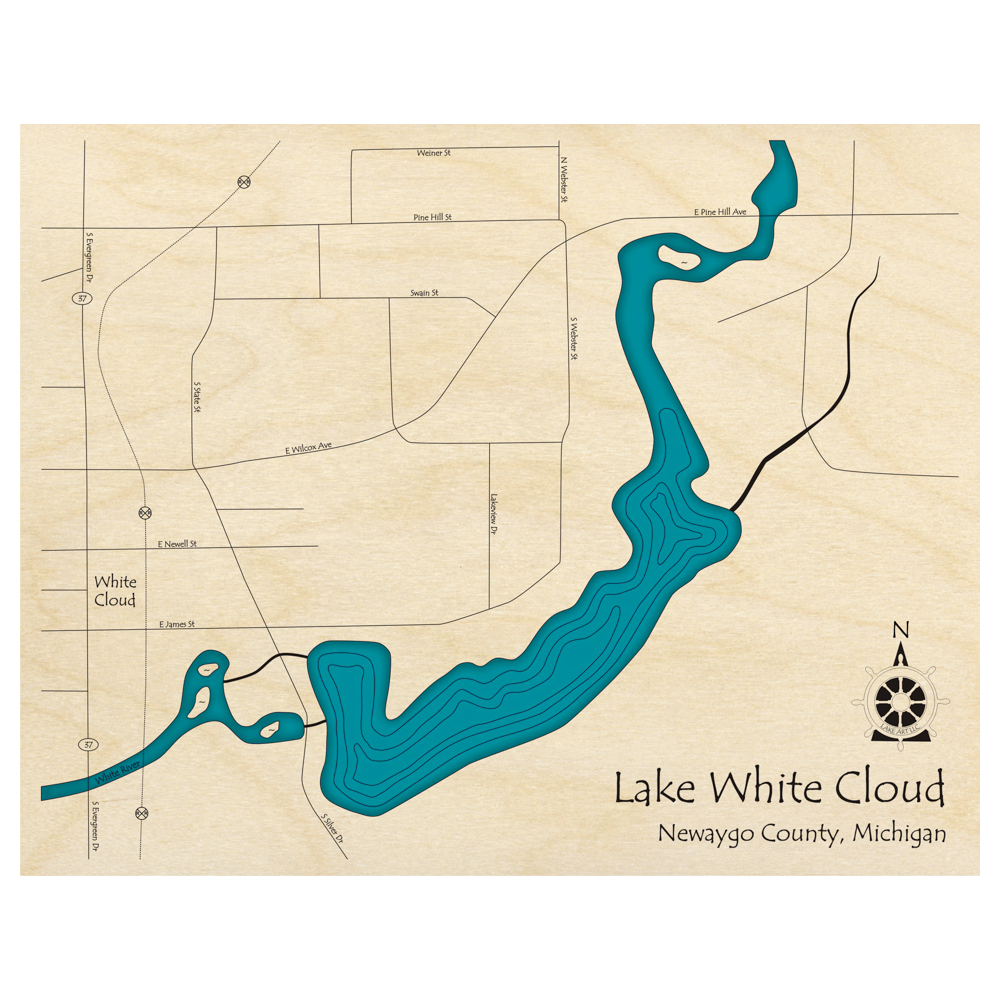 Bathymetric topo map of Lake White Cloud, MI with roads, towns and depths noted in blue water.
