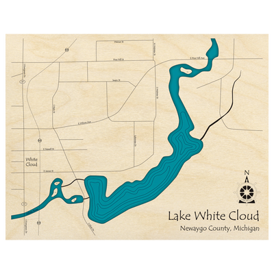 Bathymetric topo map of Lake White Cloud, MI with roads, towns and depths noted in blue water.