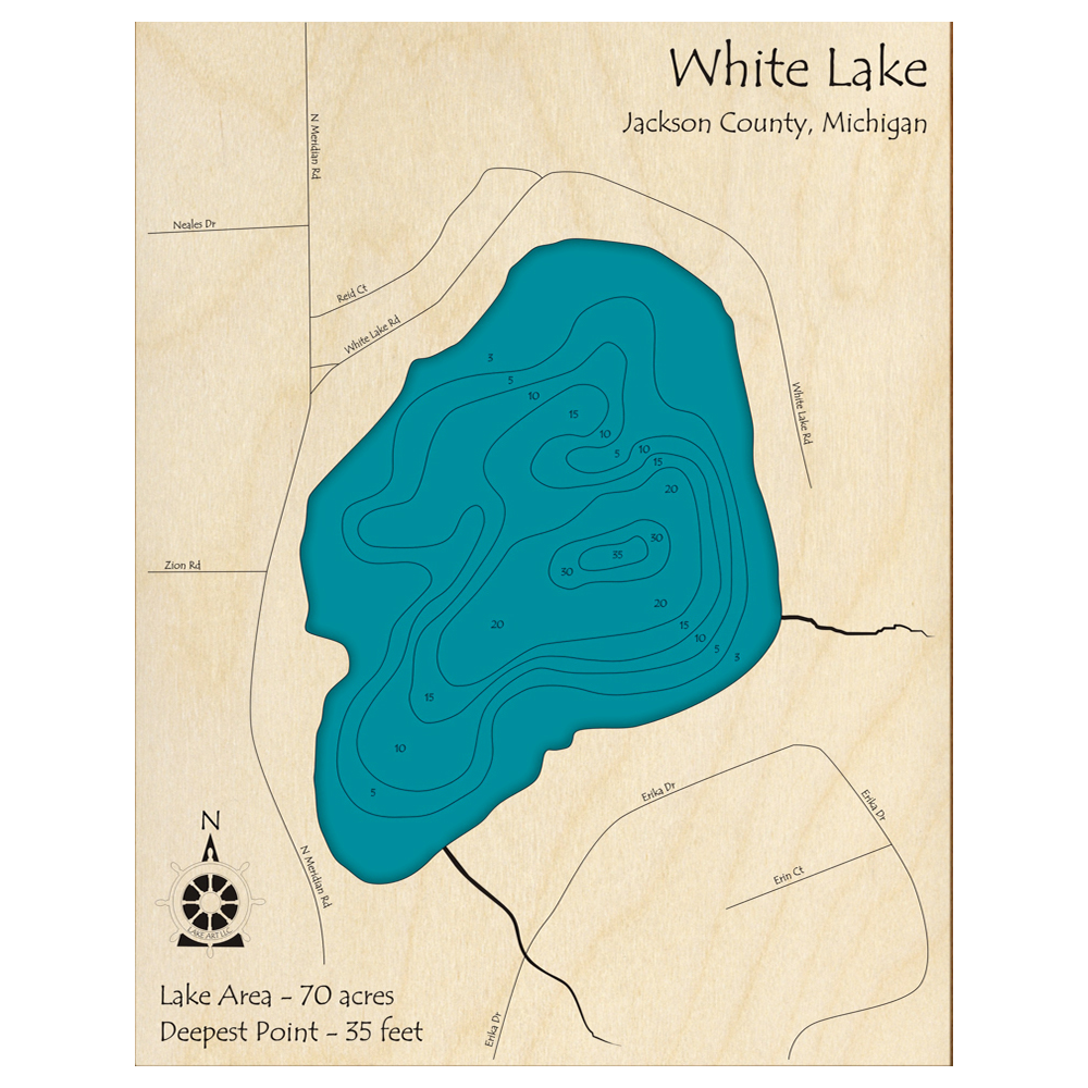 Bathymetric topo map of White Lake, MI with roads, towns and depths noted in blue water.
