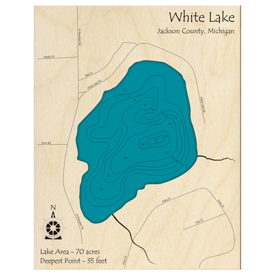 Bathymetric topo map of White Lake, MI with roads, towns and depths noted in blue water.