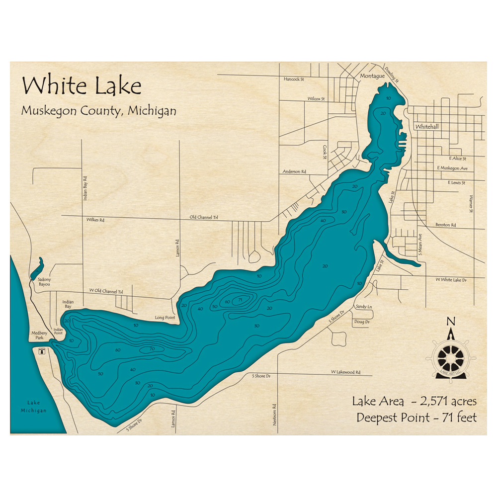 Bathymetric topo map of White Lake, MI with roads, towns and depths noted in blue water.