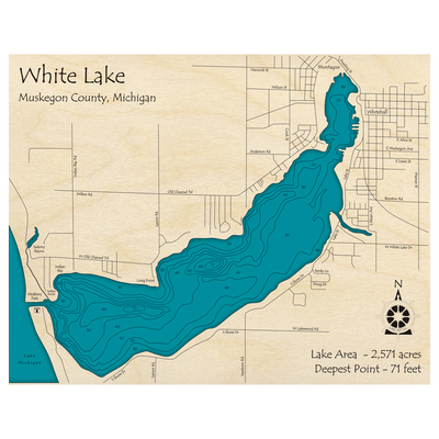 Bathymetric topo map of White Lake, MI with roads, towns and depths noted in blue water.