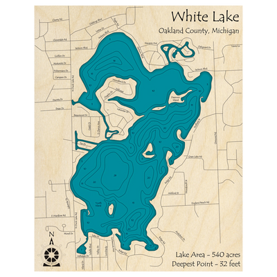 Bathymetric topo map of White Lake, MI with roads, towns and depths noted in blue water.