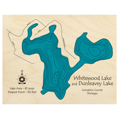 Bathymetric topo map of Whitewood Lake, MI with roads, towns and depths noted in blue water.
