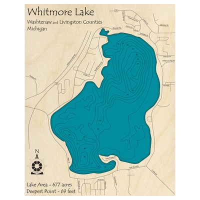 Bathymetric topo map of Whitmore Lake, MI with roads, towns and depths noted in blue water.