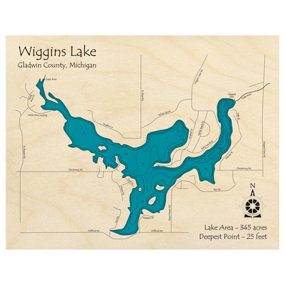 Bathymetric topo map of Wiggins Lake, MI with roads, towns and depths noted in blue water.
