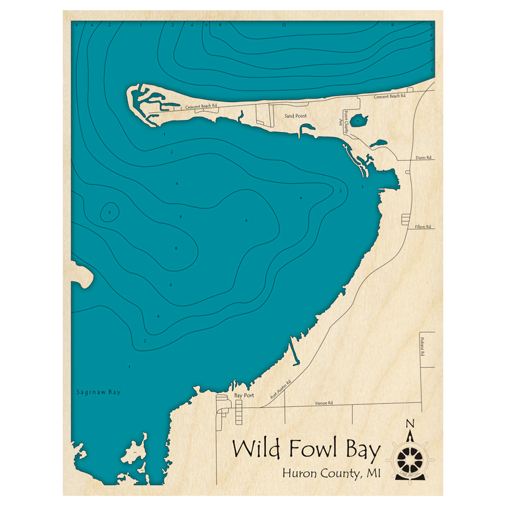 Bathymetric topo map of Wild Fowl Bay, MI with roads, towns and depths noted in blue water.
