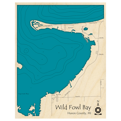 Bathymetric topo map of Wild Fowl Bay, MI with roads, towns and depths noted in blue water.