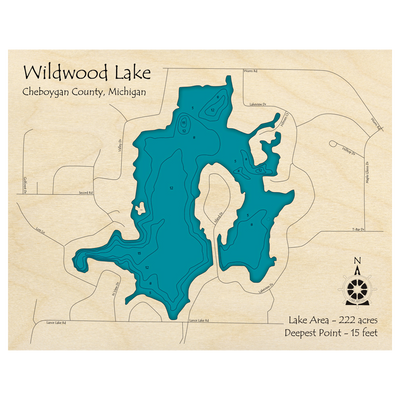 Bathymetric topo map of Wildwood Lake, MI with roads, towns and depths noted in blue water.