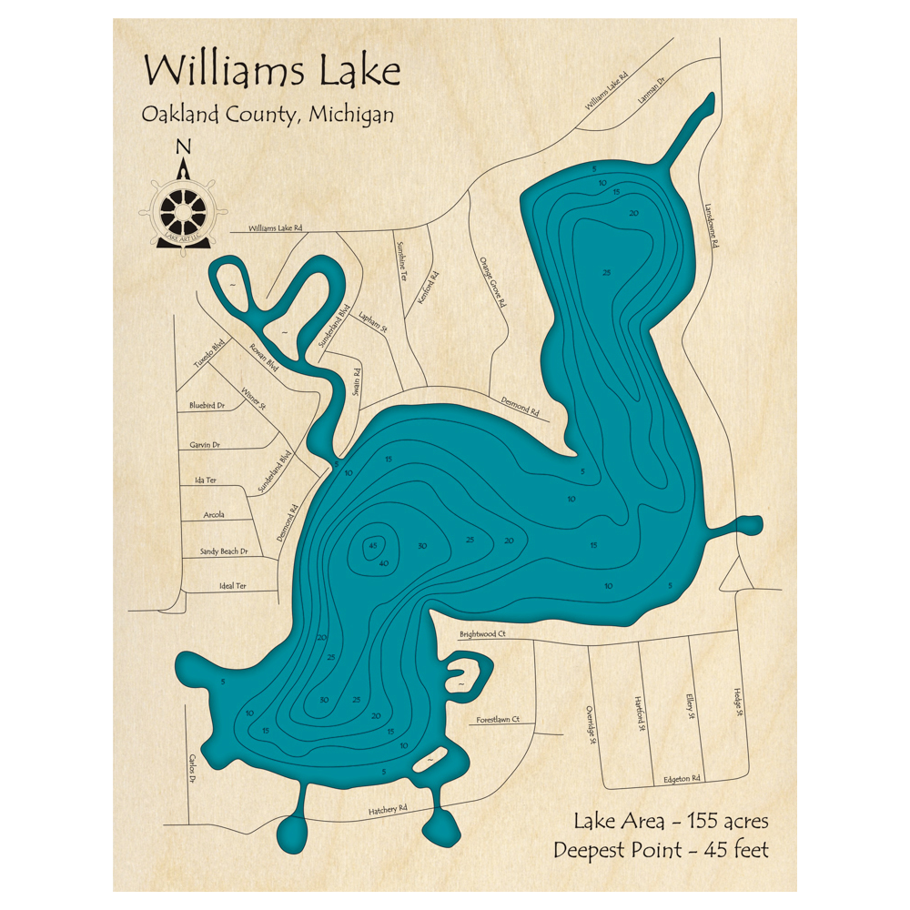 Bathymetric topo map of Williams Lake, MI with roads, towns and depths noted in blue water.