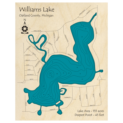 Bathymetric topo map of Williams Lake, MI with roads, towns and depths noted in blue water.