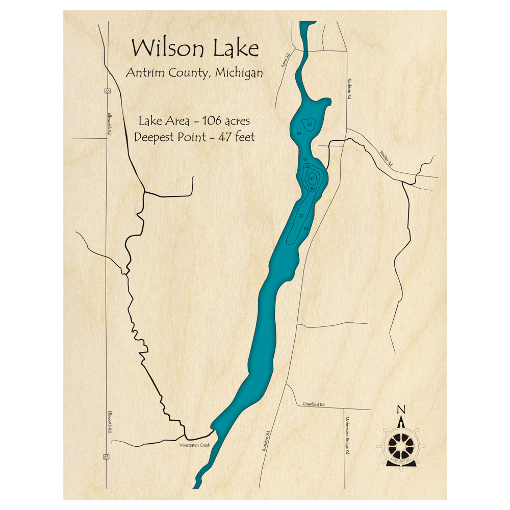 Bathymetric topo map of Wilson Lake, MI with roads, towns and depths noted in blue water.